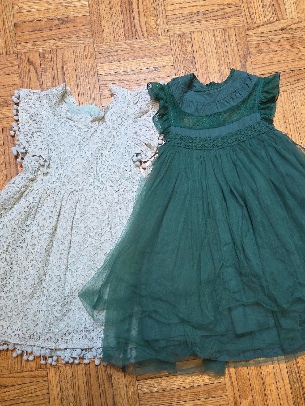 Green Tulle Ruffle Girls' Dress And Blue Lace Pompom Dress Size 3